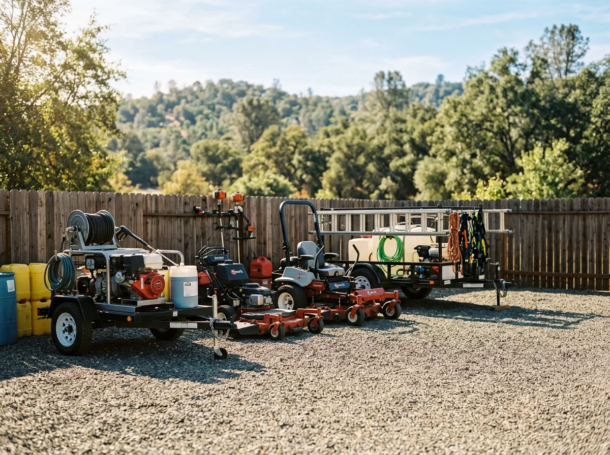 Professional outdoor home service setup with landscaping and pressure washing equipment ready for residential work.
