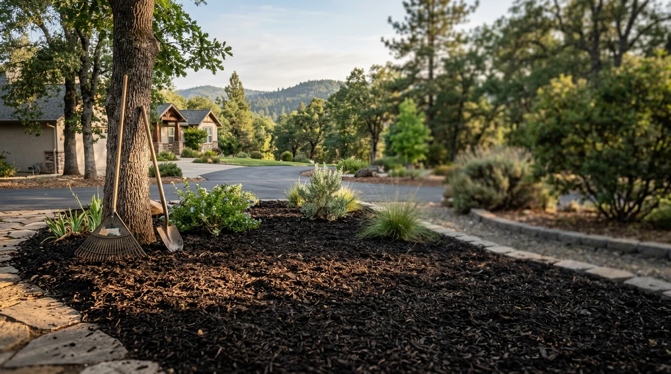 Landscaped yard with mulch, plants, and irrigation in Placerville, California