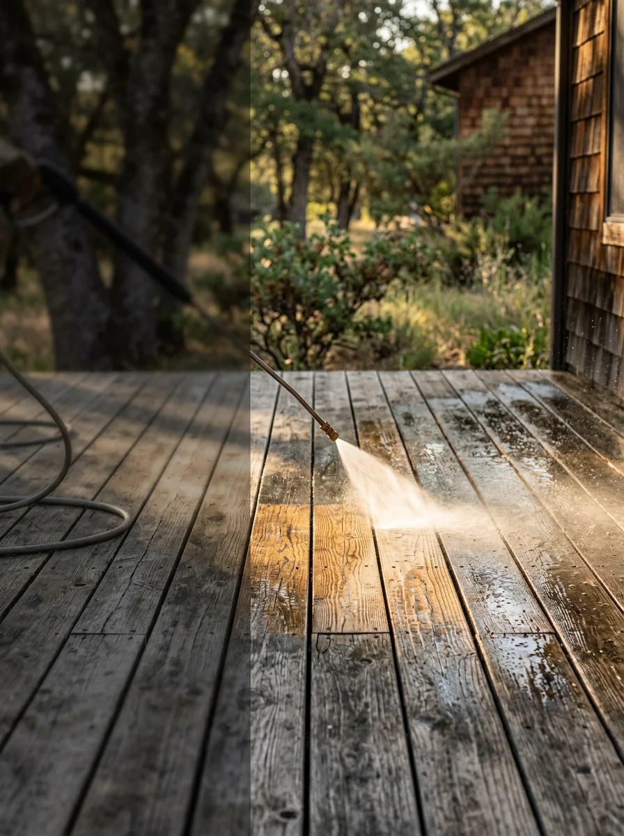 Close-up of a Cameron Park home's wood deck being soft-washed, showing before-and-after contrast on weathered boards stained by oak pollen and pine sap.