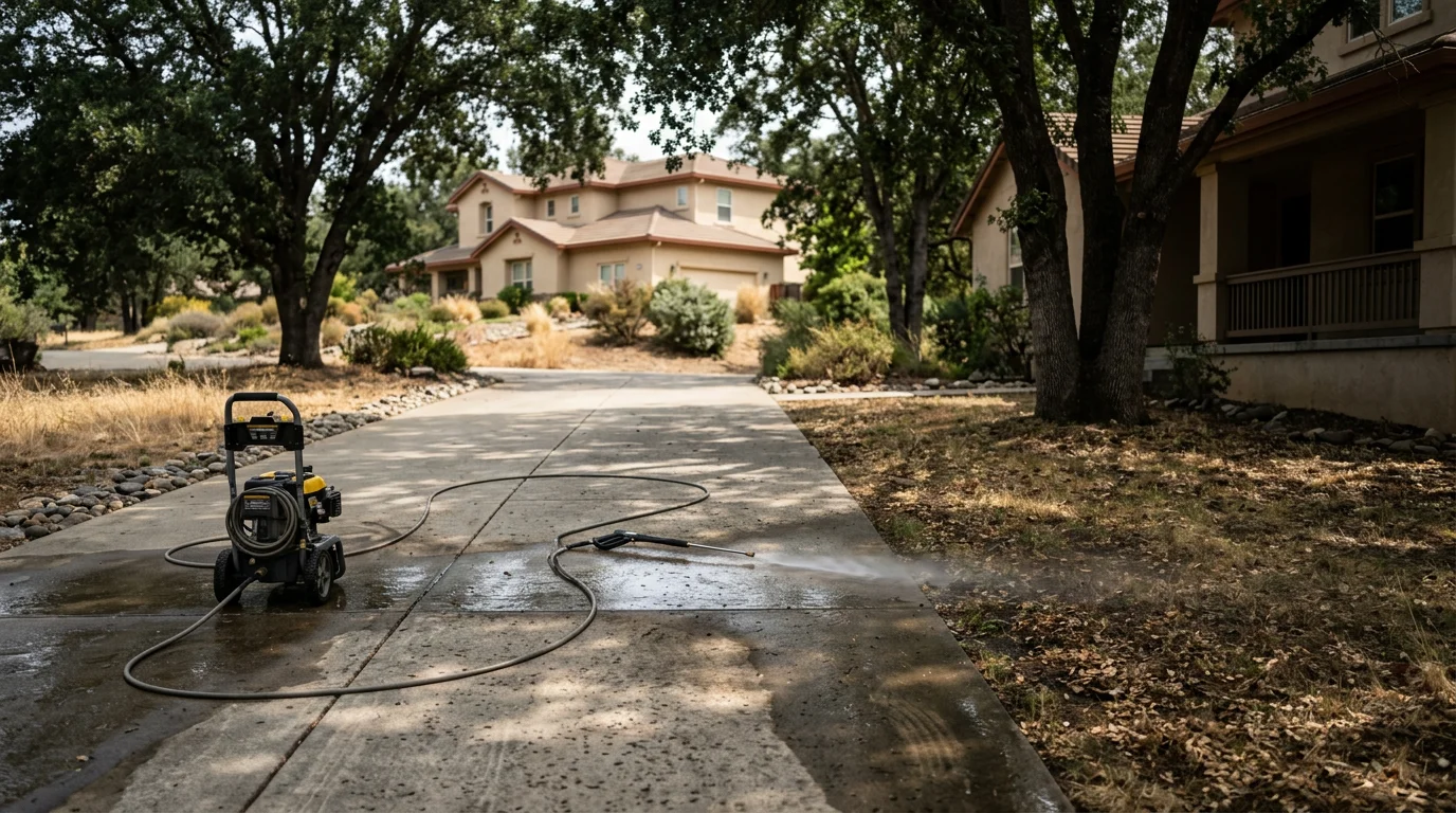 Pressure washing technician cleaning a wide concrete driveway bordered by oak trees on a Cameron Park foothill property, with a two-story stucco home visible in the background.