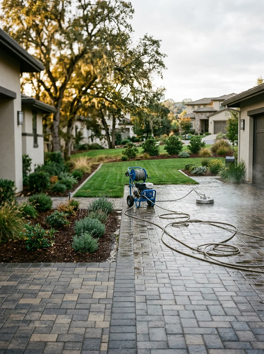 Pressure washing crew cleaning a wide paver driveway in front of a newer El Dorado Hills home, with a manicured lawn and landscaped front beds visible alongside.