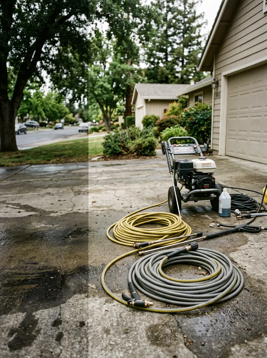 Pressure washing crew cleaning an oil-stained concrete driveway in front of a 1990s-era Folsom home in a mature neighborhood with large shade trees lining the street.