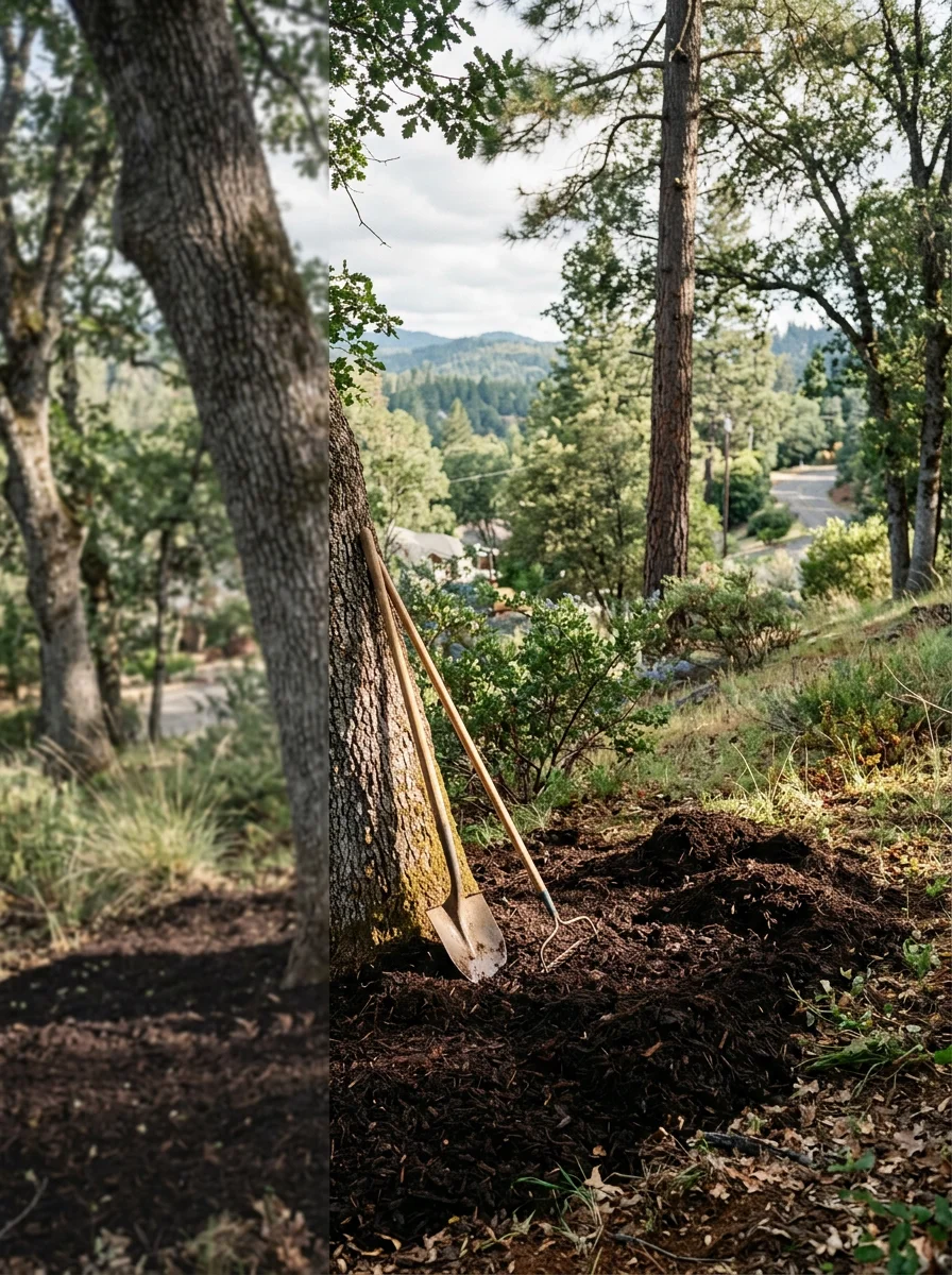 Landscaping work in progress on a sloped Placerville foothill lot, showing mulch installation around established trees with a hillside property visible in the background.
