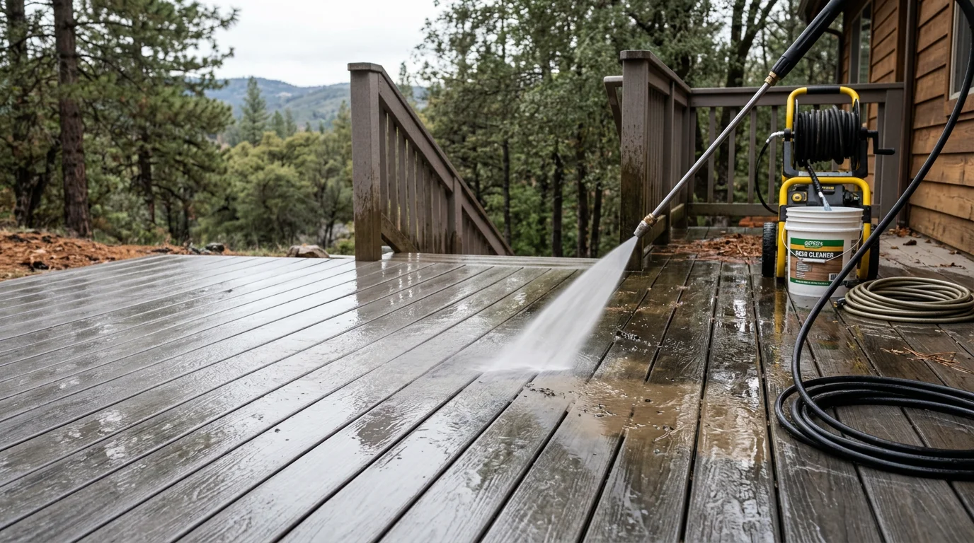 A residential wood deck in Cameron Park, California after professional pressure washing, showing clean boards free of green algae and dark mildew stains. The deck railings and stairs are also visibly cleared of dirt and organic buildup.