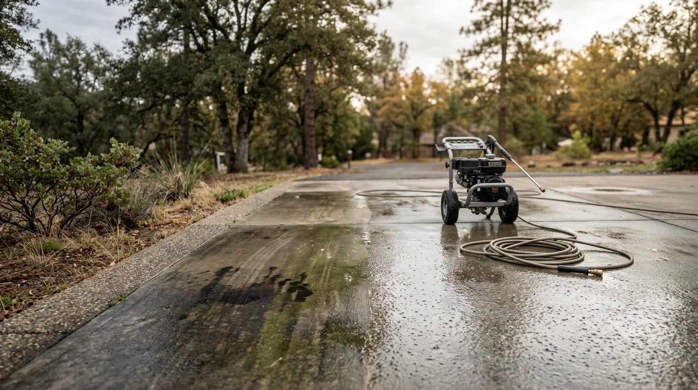A clean concrete driveway at a Cameron Park, California home after professional pressure washing, with visible contrast between the freshly washed surface and the surrounding ground. Tire marks and organic staining have been removed from the full driveway width including the garage apron.