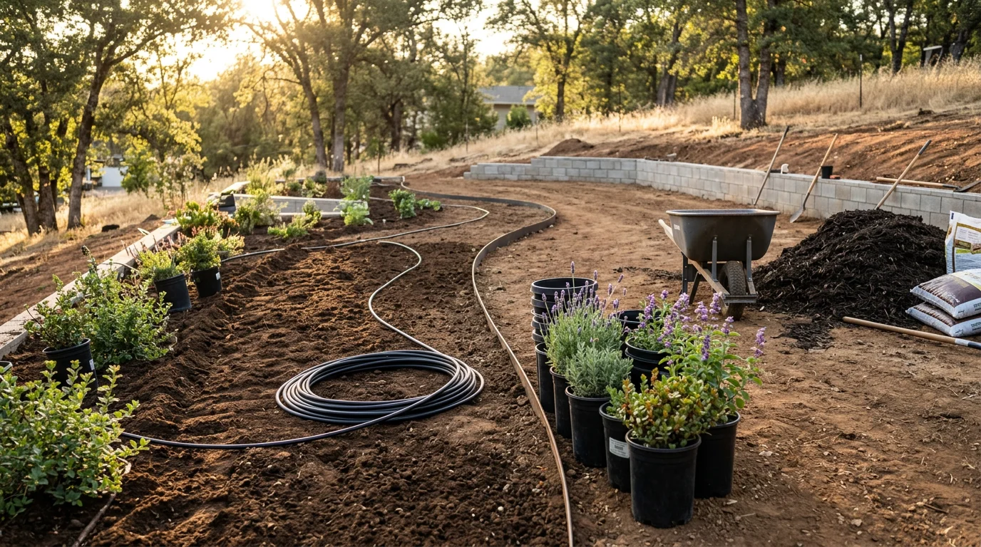 Freshly installed landscape in a Cameron Park, California residential yard, featuring ground cover plantings, a stone walkway, and a retaining wall on a gently sloped lot. The front yard shows clean edging and drought-adapted plants suited to the El Dorado County foothill climate.