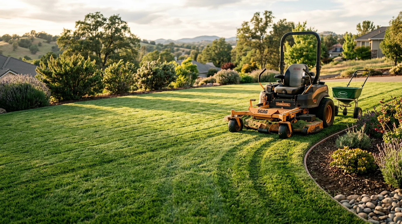 A neatly mowed and edged residential lawn in Cameron Park, California, with clean turf lines and a well-maintained yard border. EcoScape Solutions lawn care service in progress on a sunny El Dorado County property.