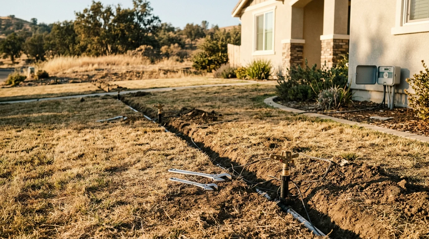 A freshly installed in-ground lawn sprinkler system running across a green residential yard in Cameron Park, California. Multiple sprinkler heads are active, providing even water coverage across the lawn on a dry summer day.