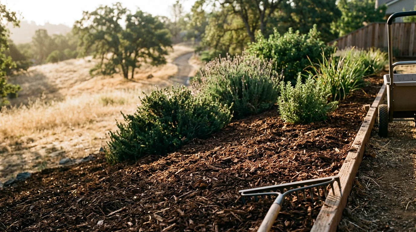 Freshly installed dark mulch covering garden beds around plants and trees at a residential property in Cameron Park, California. The mulch is spread in an even layer with clean edges along a lawn border on a sunny day.