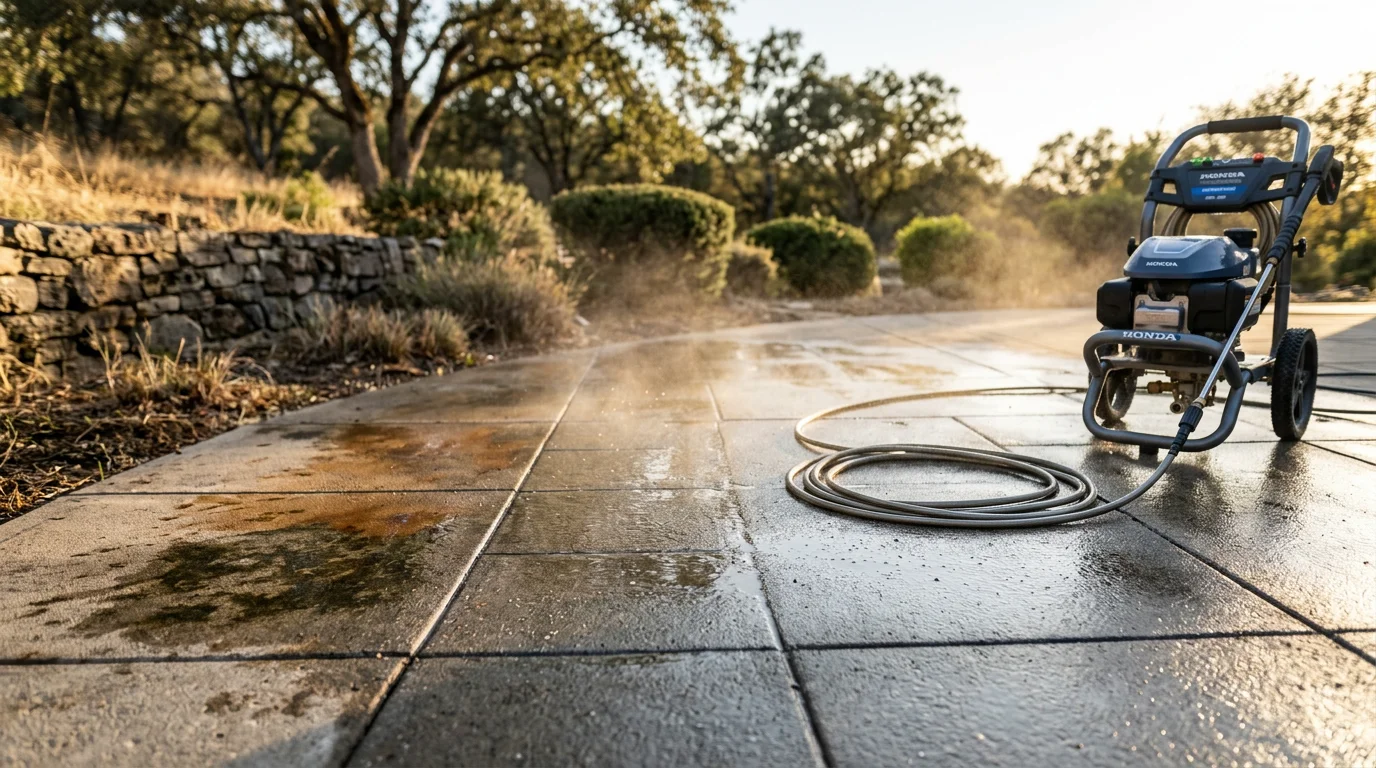 A concrete patio in Cameron Park, California shown after professional pressure washing, with clean surface color restored and no visible algae or staining. Oak trees and a covered outdoor seating area are visible in the background.