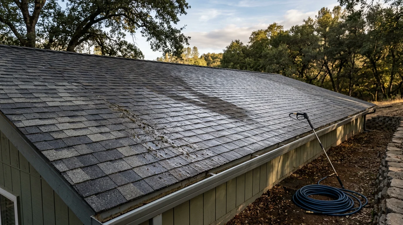 A Cameron Park California home with a clean tile roof after professional low-pressure washing, showing cleared moss and algae from a shaded north-facing slope. Mature oak trees surround the property in a typical foothill residential setting.