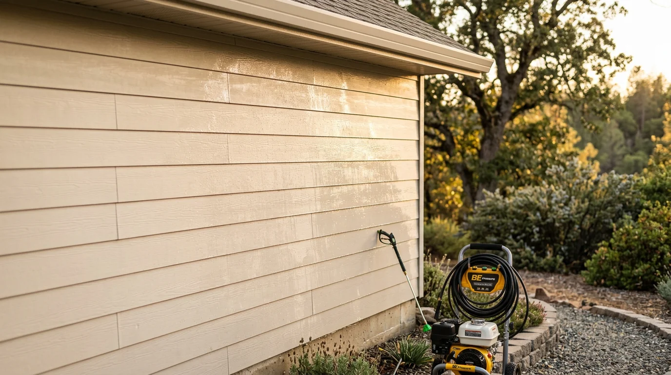 A Cameron Park home's exterior siding shown clean and free of algae and dark staining after professional siding cleaning. Oak trees and a foothill residential streetscape are visible in the background.