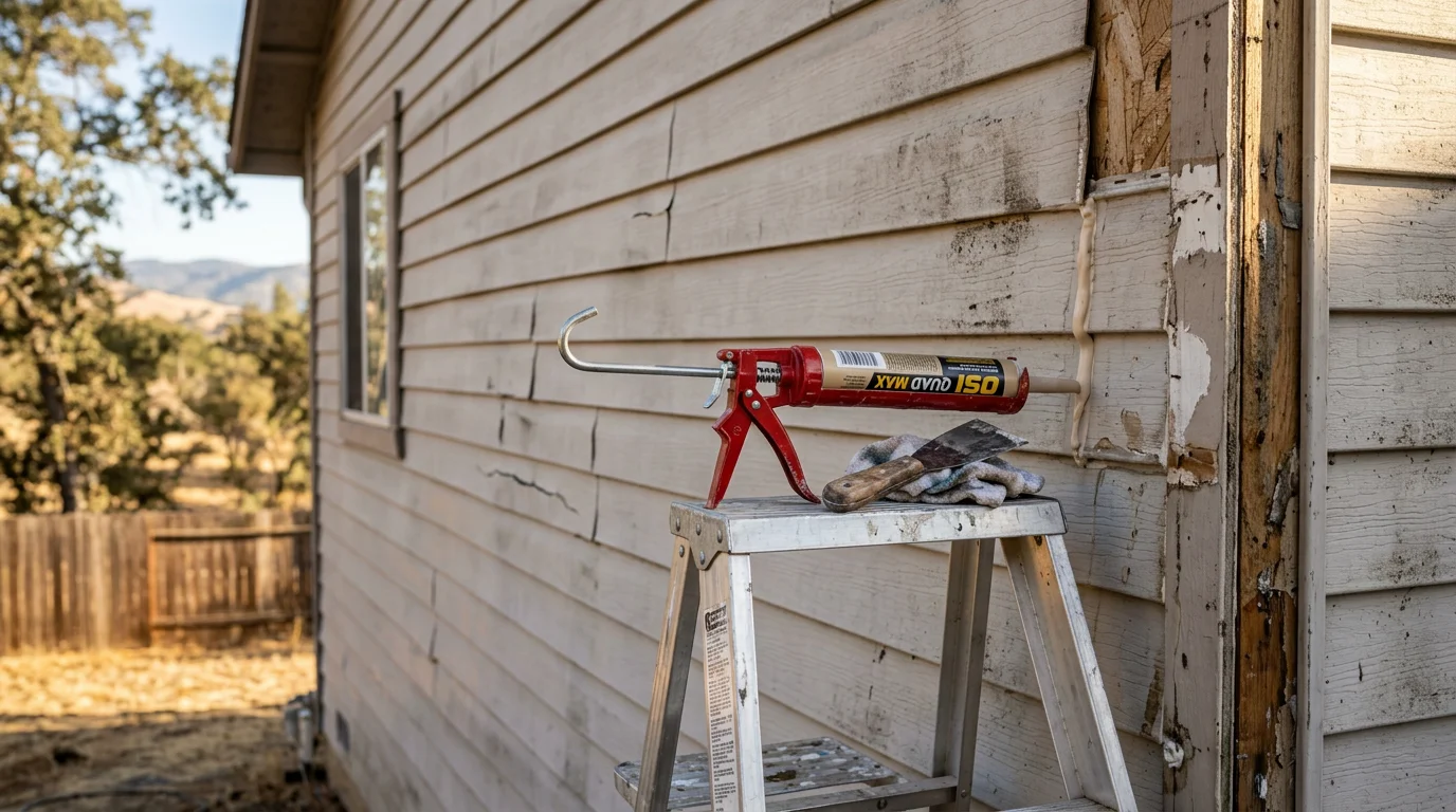 A siding contractor inspecting and resealing exterior wall panels on a single-family home in Cameron Park, California. Close-up view shows a technician addressing a cracked panel section along the lower wall near a window trim.