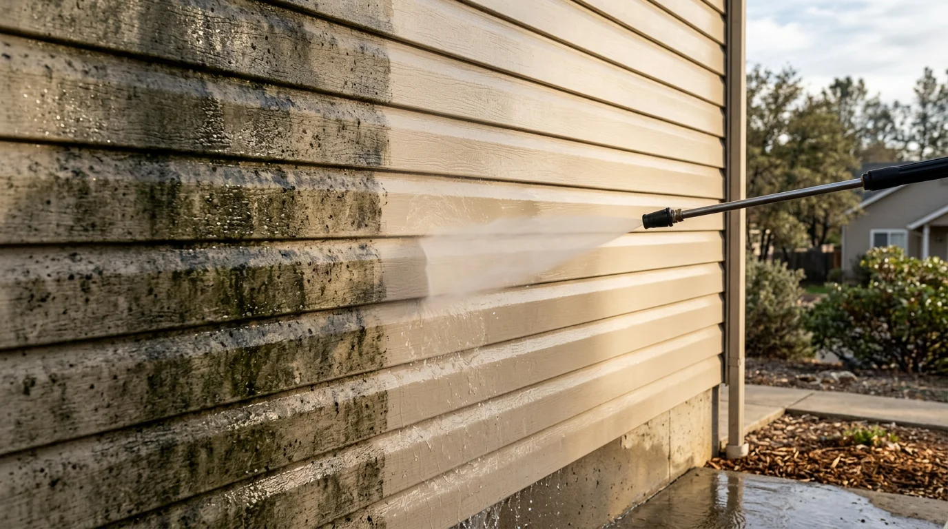 A Cameron Park home's siding being pressure washed, showing a clean panel surface next to a section still covered in dirt and mildew staining. Mature oak trees are visible in the background, typical of El Dorado County foothill neighborhoods.