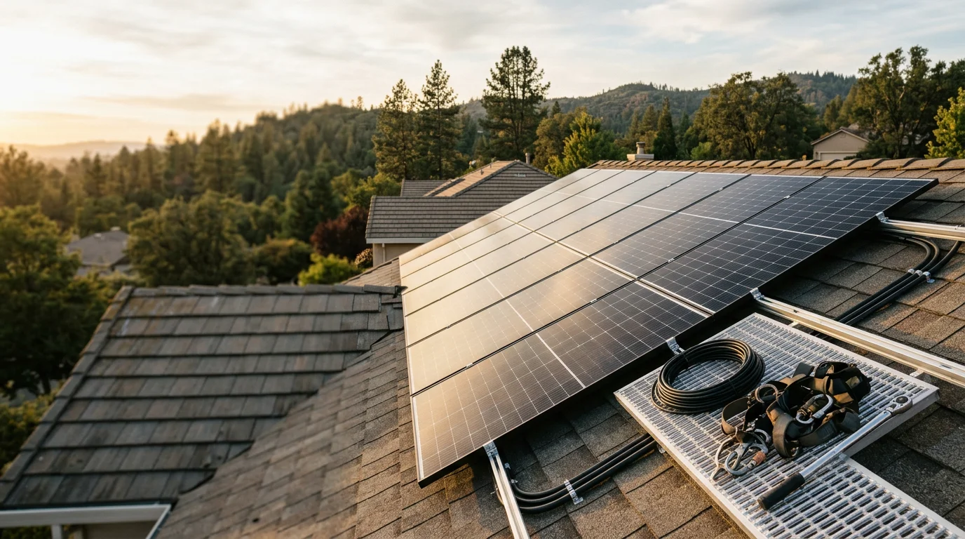 Solar panels mounted on the pitched roof of a residential home in Cameron Park, California, with clear blue sky in the background. The installation shows panels aligned across the south-facing roof slope of a single-family property typical of the El Dorado Hills and Cameron Park area.