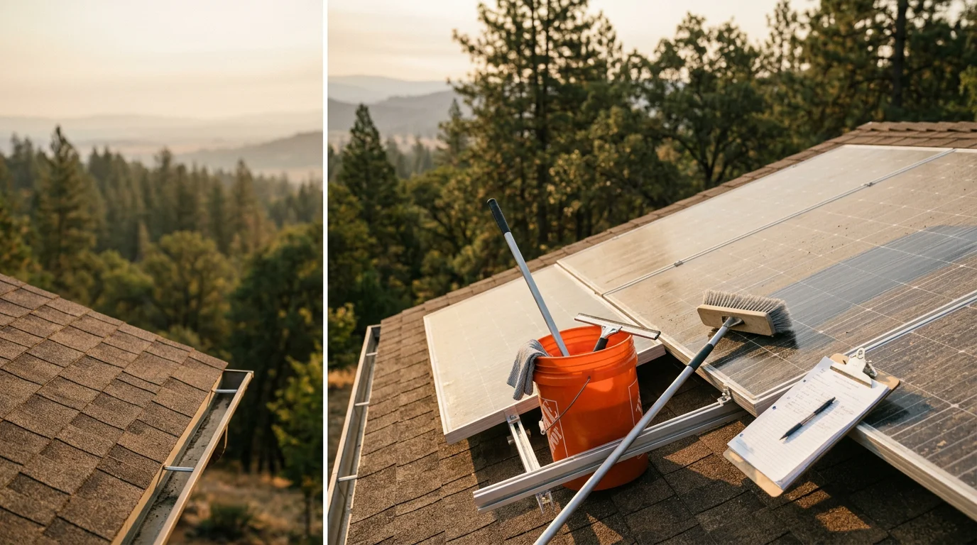 A technician cleaning dusty solar panels on a residential rooftop in Cameron Park, California, with dry foothill terrain visible in the background. The panels show visible ash and dust residue being removed during a routine maintenance service.